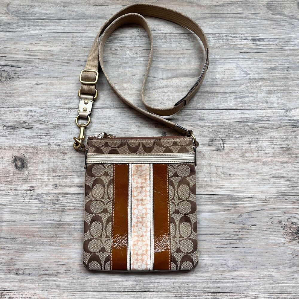 Coach Signature Stripe Crossbody Bag Beige Brown Canvas Small Purse Y2K Designer